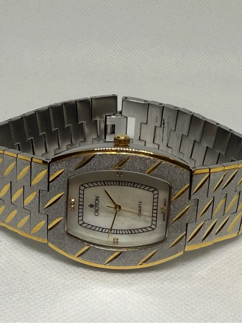 Croton Two-Tone Gold and Silver Rectangular Mother-of-Pearl CZ Diamonds Watch